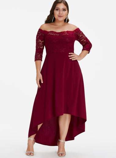 Wholesale Off The Shoulder Plain Lace 3/4 Sleeve High-Low Hem Burgundy Plus Size Dress