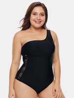 Wholesale One Shoulder Plain Criss-Cross Sleeveless Black Plus Size Swimwear