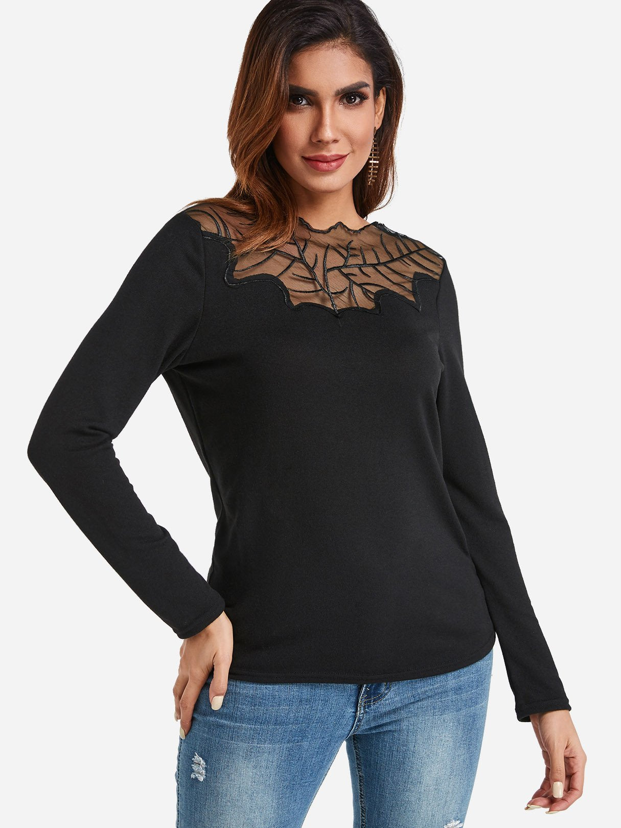 Wholesale Round Neck Lace Long Sleeve Black T-Shirt