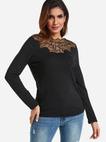 Wholesale Round Neck Lace Long Sleeve Black T-Shirt