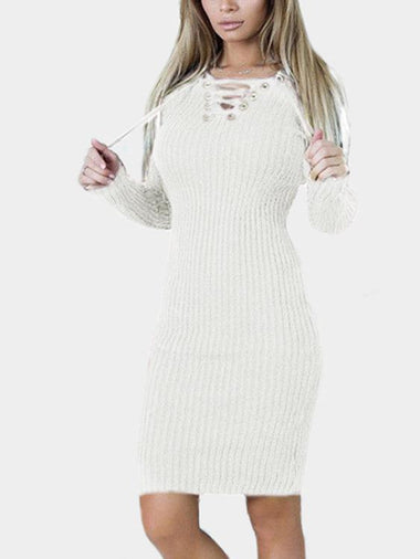 Wholesale White Long Sleeve Lace-Up Casual Dresses