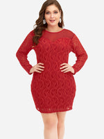 Wholesale Round Neck Plain Lace Long Sleeve Red Plus Size Dresses