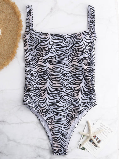 Wholesale Square Neck Sleeveless Zebra Backless High Waist One-Pieces