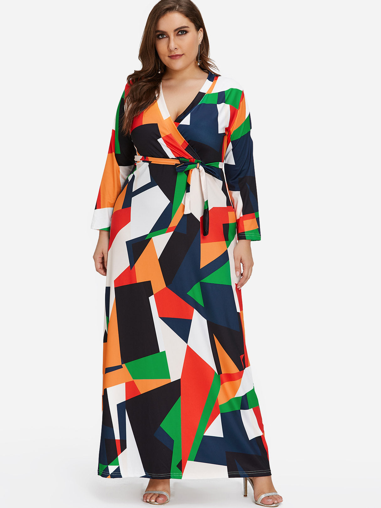 Wholesale V-Neck Geometrical Self-Tie Wrap Long Sleeve Plus Size Dress