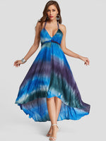 Wholesale Blue Deep V Neck Sleeveless Backless Spaghetti Strap Self-Tie Casual Dress