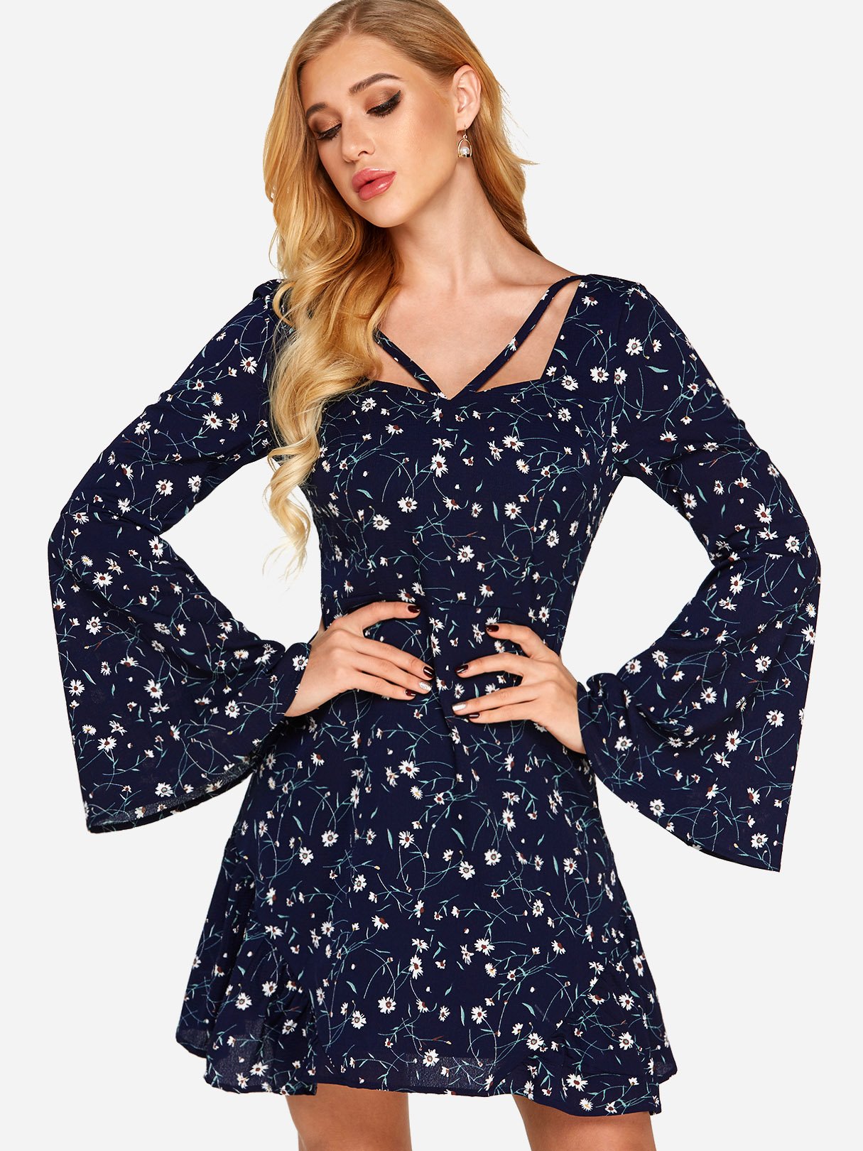 NEW FEELING Womens Navy Floral Dresses