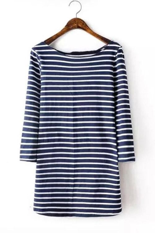 Wholesale Round Neck Stripe Half Sleeve Navy T-Shirts