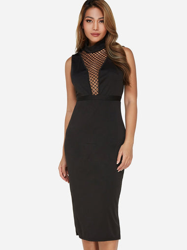 Wholesale Black Chimney Collar Sleeveless Backless Hollow Slit Hem Sexy Dresses