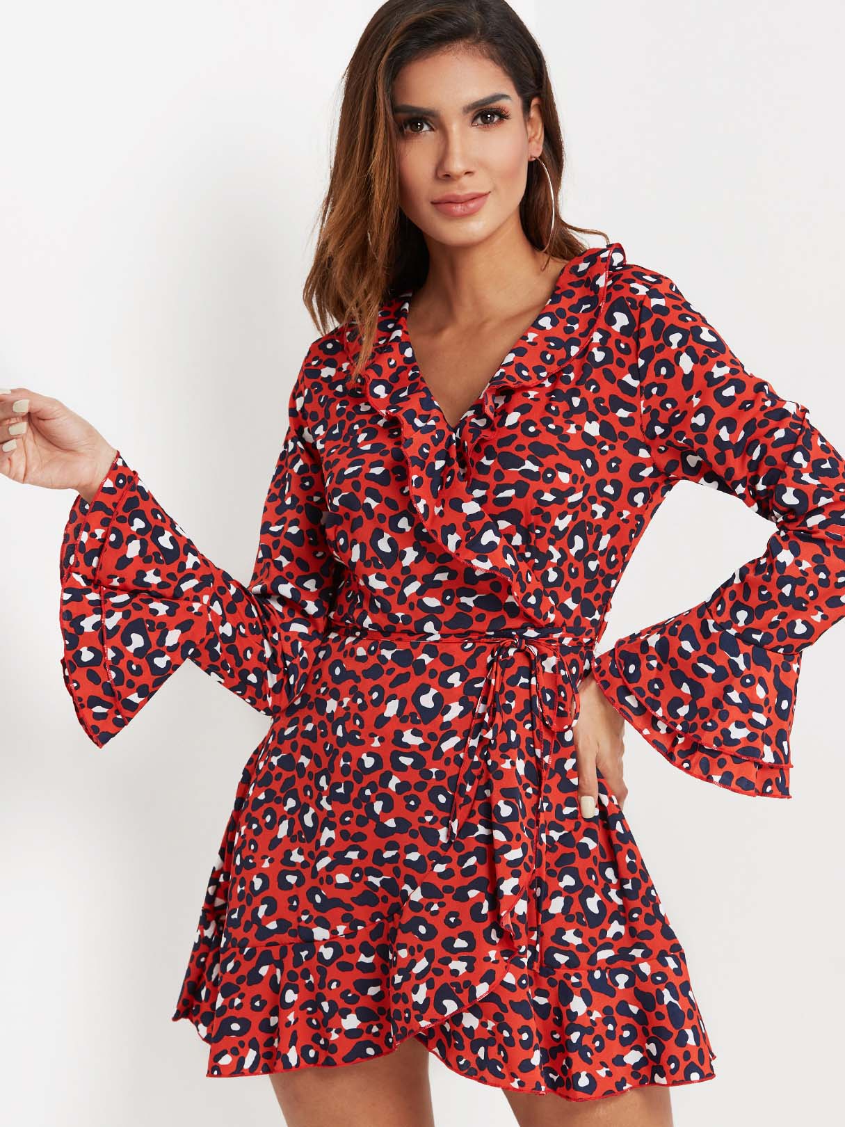 Wholesale Red V-Neck Long Sleeve Leopard Crossed Front Mini Dress