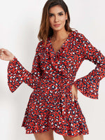 Wholesale Red V-Neck Long Sleeve Leopard Crossed Front Mini Dress