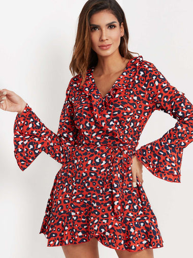 Wholesale Red V-Neck Long Sleeve Leopard Crossed Front Mini Dress