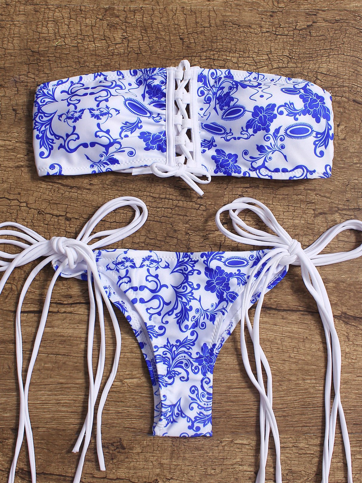 Wholesale White Halter Sleeveless Floral Print Lace-Up Bikini Set