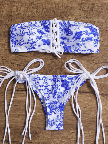 Wholesale White Halter Sleeveless Floral Print Lace-Up Bikini Set