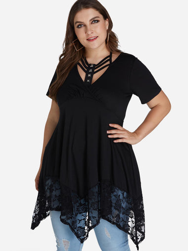 Wholesale V-Neck Plain Lace Short Sleeve Handkerchief Hem Black Plus Size Tops