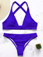 Wholesale Blue Halter Sleeveless Plain Bodycon Two Piece Bikinis