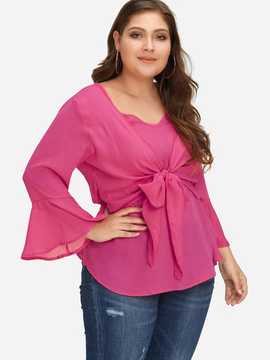 Wholesale V-Neck Plain Tie-Up Long Sleeve Plus Size Tops