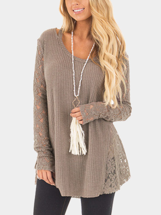 Wholesale Round Neck Lace Hollow Long Sleeve Khaki Top