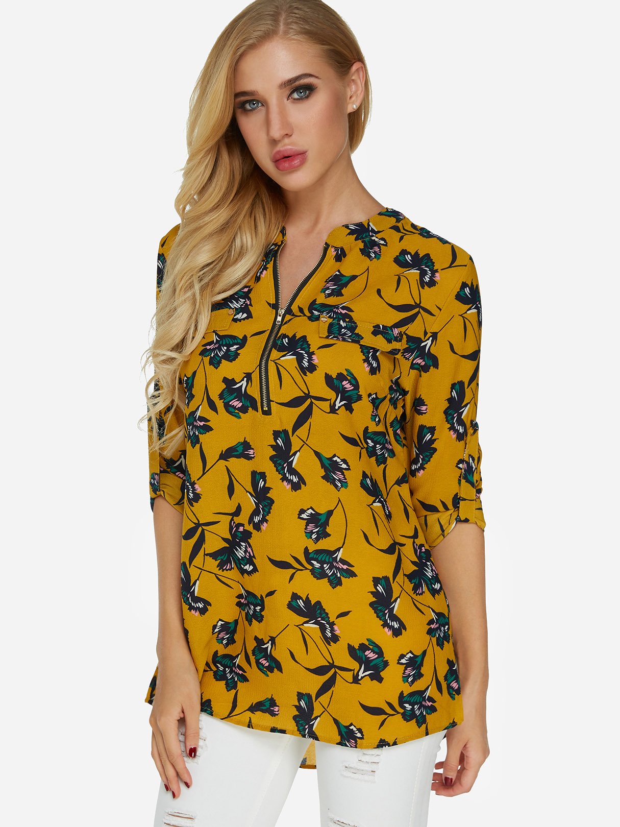 Wholesale V-Neck Floral Print Zip Back 3/4 Sleeve Yellow Blouses