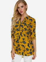 Wholesale V-Neck Floral Print Zip Back 3/4 Sleeve Yellow Blouses