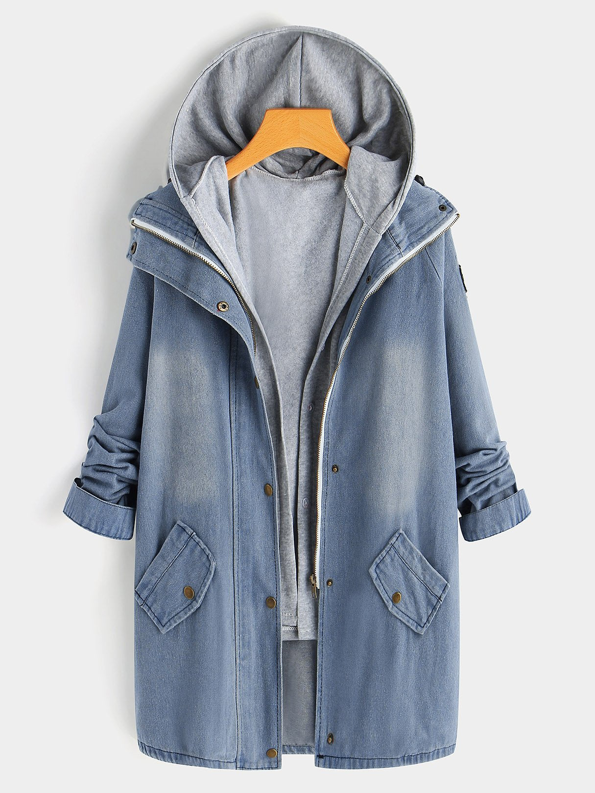 Wholesale Side Pockets Long Sleeve Light Blue Plus Size Coats & Jackets