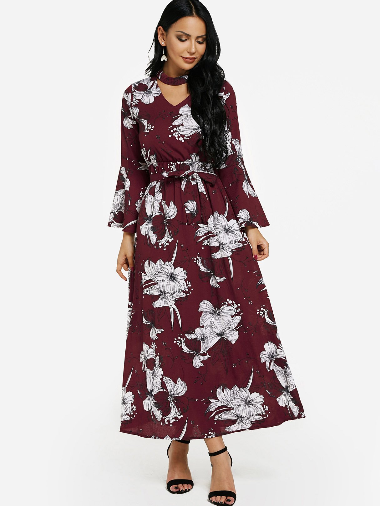 Wholesale V-Neck Floral Print Cut Out Self-Tie Long Sleeve Flounced Hem Burgundy Maxi Dress