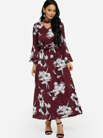 Wholesale V-Neck Floral Print Cut Out Self-Tie Long Sleeve Flounced Hem Burgundy Maxi Dress