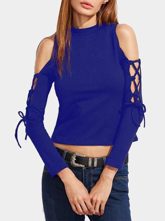 Wholesale Chimney Collar Cold Shoulder Lace-Up Cut Out Long Sleeve Blue T-Shirts