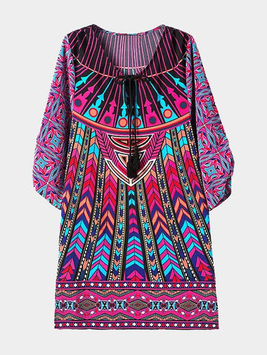Wholesale Crew Neck Geometrical 3/4 Length Sleeve Slit Hem Midi Dress