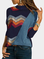 Wholesale High Neck Stripe Long Sleeve Blue T-Shirts
