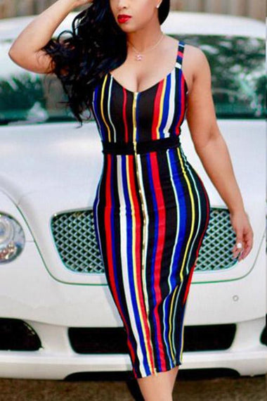 Wholesale V-Neck Sleeveless Stripe Zip Back Casual Dress