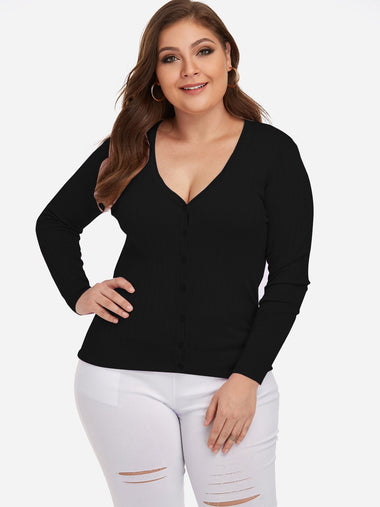 Wholesale Plus Size V-Neck Plain Long Sleeve Black Tops
