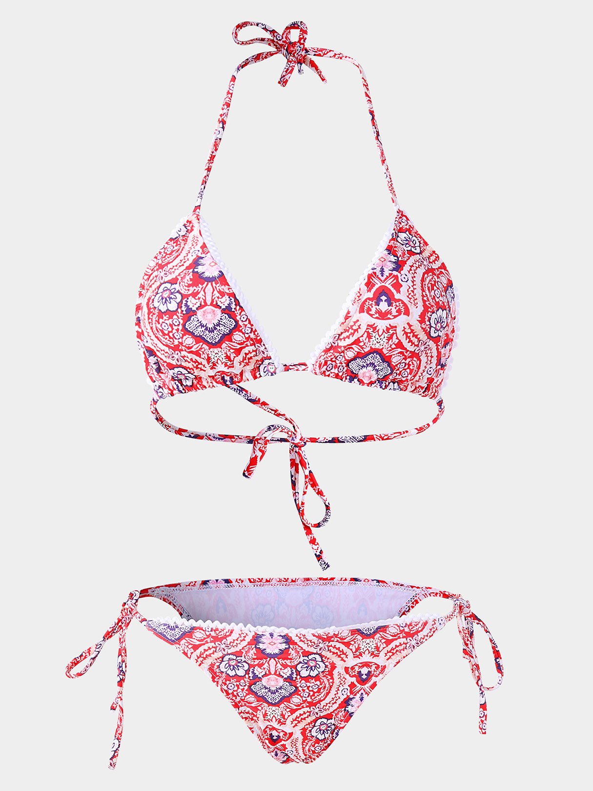 Wholesale Halter Deep V Neck Floral Print Backless Sleeveless 2 Piece Bikinis