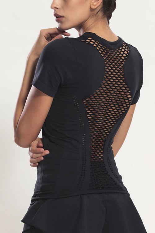 Wholesale Crew Neck Sheer Hollow Short Sleeve Black T-Shirts