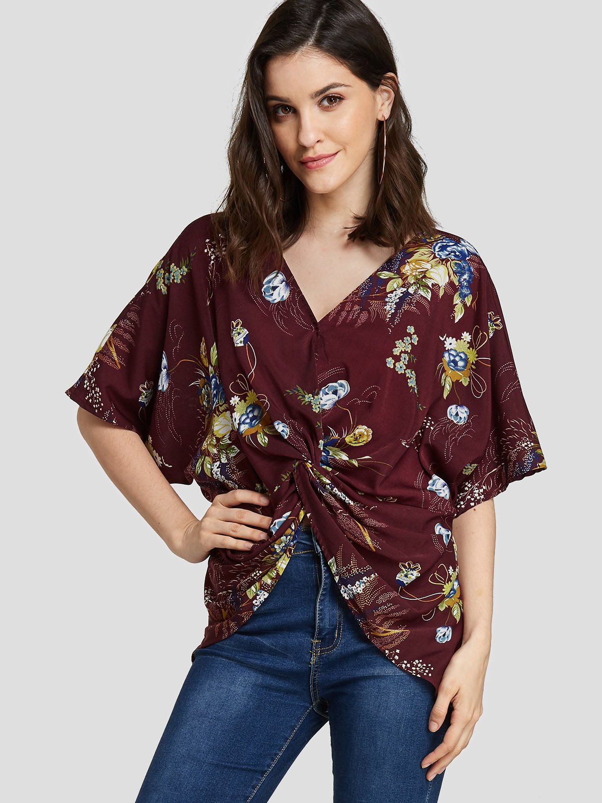 Wholesale V-Neck Floral Print Short Sleeve Burgundy T-Shirts
