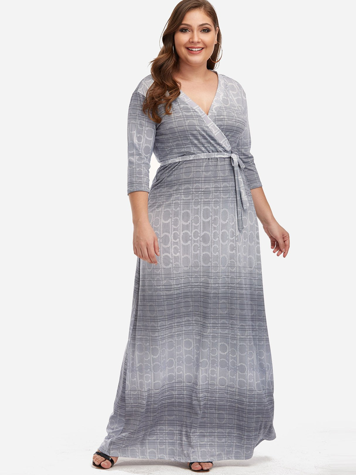 Wholesale V-Neck Belt Self-Tie Wrap Half Sleeve Plus Size Dress