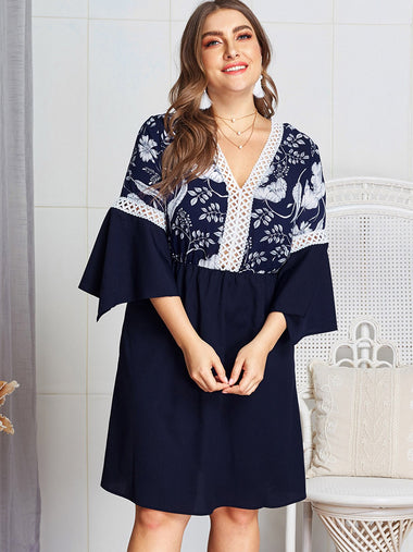 Wholesale V-Neck Floral Print Crochet Lace Embellished Backless Hollow Navy Plus Size Dress