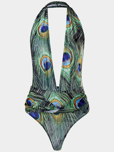 Wholesale Green Deep V Neck Sleeveless Printed Crossed Front Backless One-Pieces