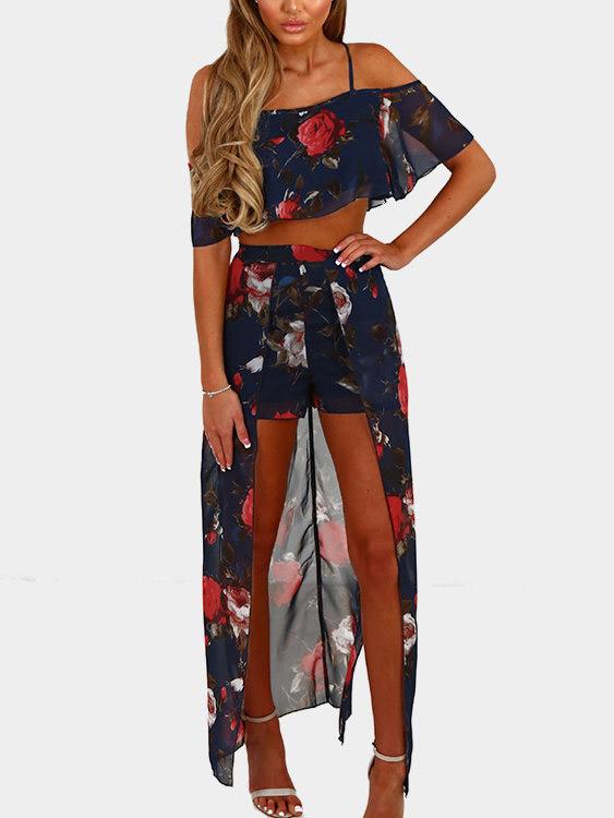 Wholesale Cold Shoulder Short Sleeve Floral Print Playsuits