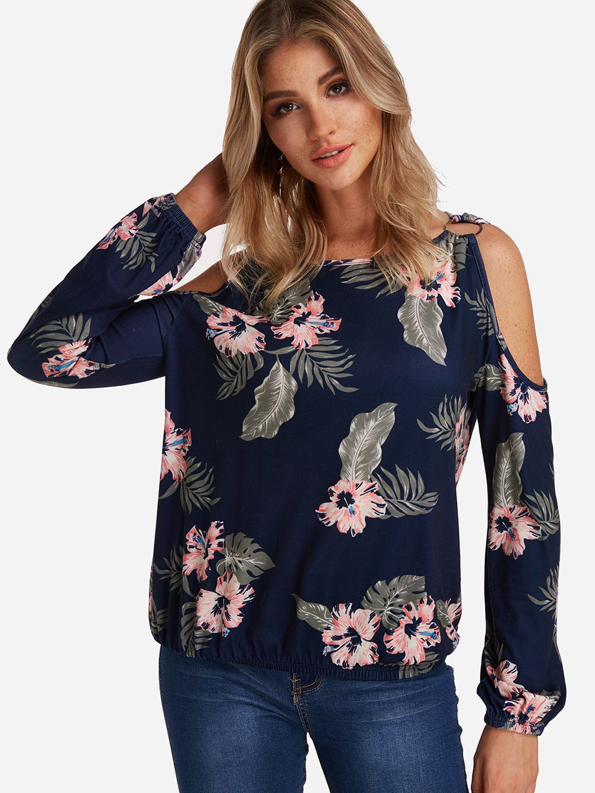 Wholesale Cold Shoulder Floral Print Cut Out Long Sleeve Navy T-Shirts