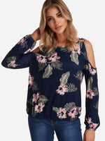 Wholesale Cold Shoulder Floral Print Cut Out Long Sleeve Navy T-Shirts