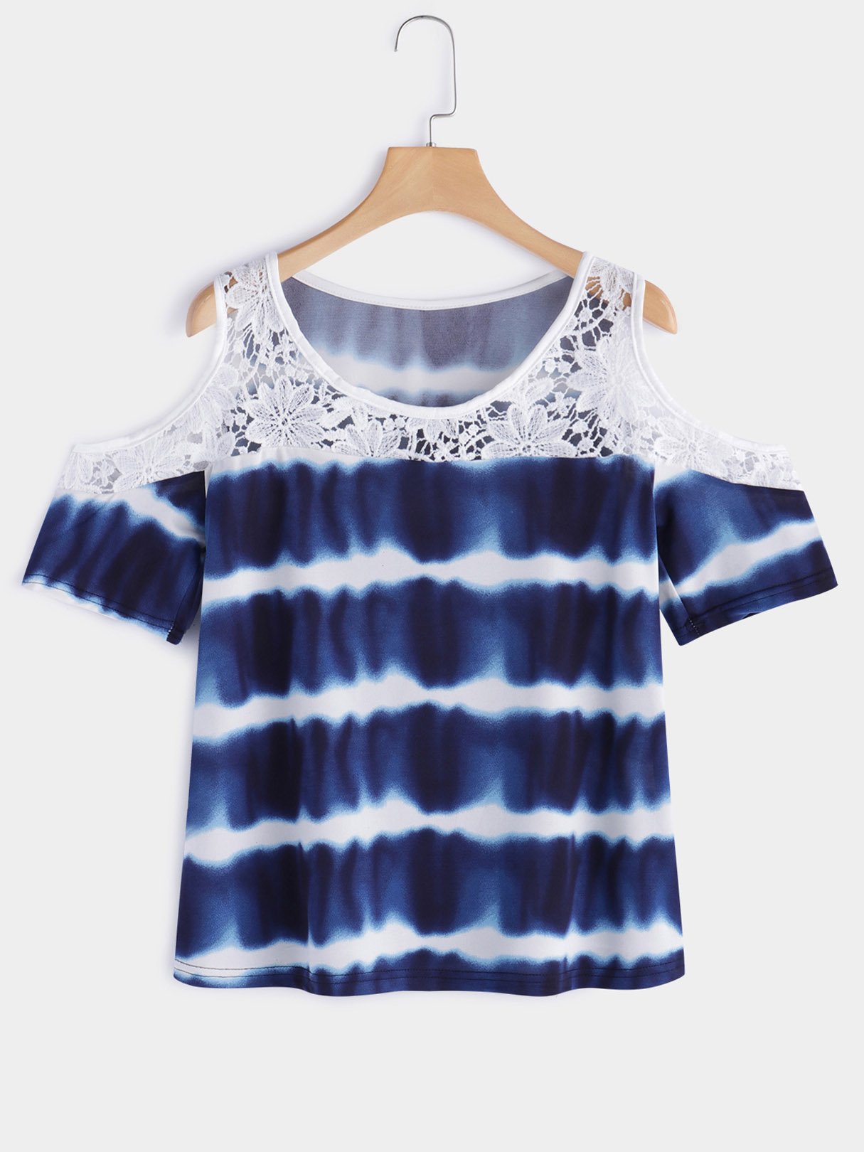 Wholesale Crew Neck Cold Shoulder Wave Lace Cut Out Short Sleeve Blue Blouses