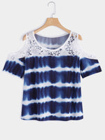 Wholesale Crew Neck Cold Shoulder Wave Lace Cut Out Short Sleeve Blue Blouses