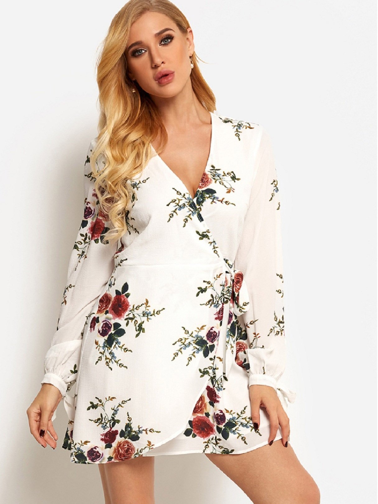 Wholesale White V-Neck Long Sleeve Floral Print Wrap Dresses