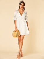 Wholesale White Deep V Neck Half Sleeve Backless Hollow Dresses