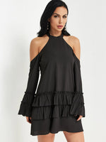 Wholesale Black Halter Cold Shoulder Long Sleeve Plain Sexy Dresses