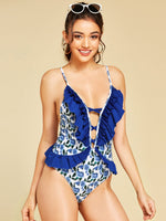 Wholesale Deep V Neck Floral Print Backless Hollow Ruffle Trim Sleeveless Blue One-Pieces