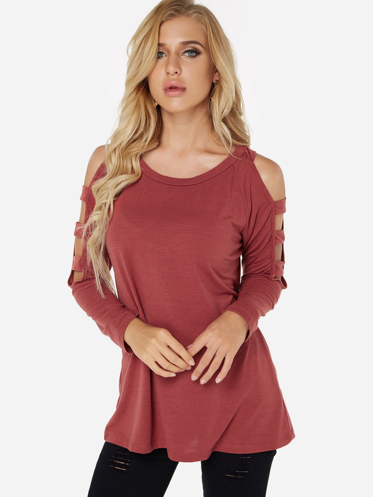 Wholesale Round Neck Cold Shoulder Plain Hollow Long Sleeve Red T-Shirts