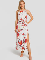 Wholesale Halter Sleeveless Floral Print Spaghetti Strap Belt Slit Hem Dresses