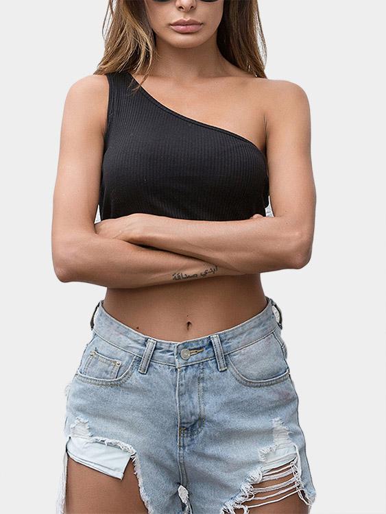 Wholesale One Shoulder Plain Backless Spaghetti Strap Sleeveless Black Camis