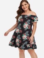 Wholesale Off The Shoulder Floral Print Tiered Short Sleeve Flounced Hem Plus Size Mini Dresses